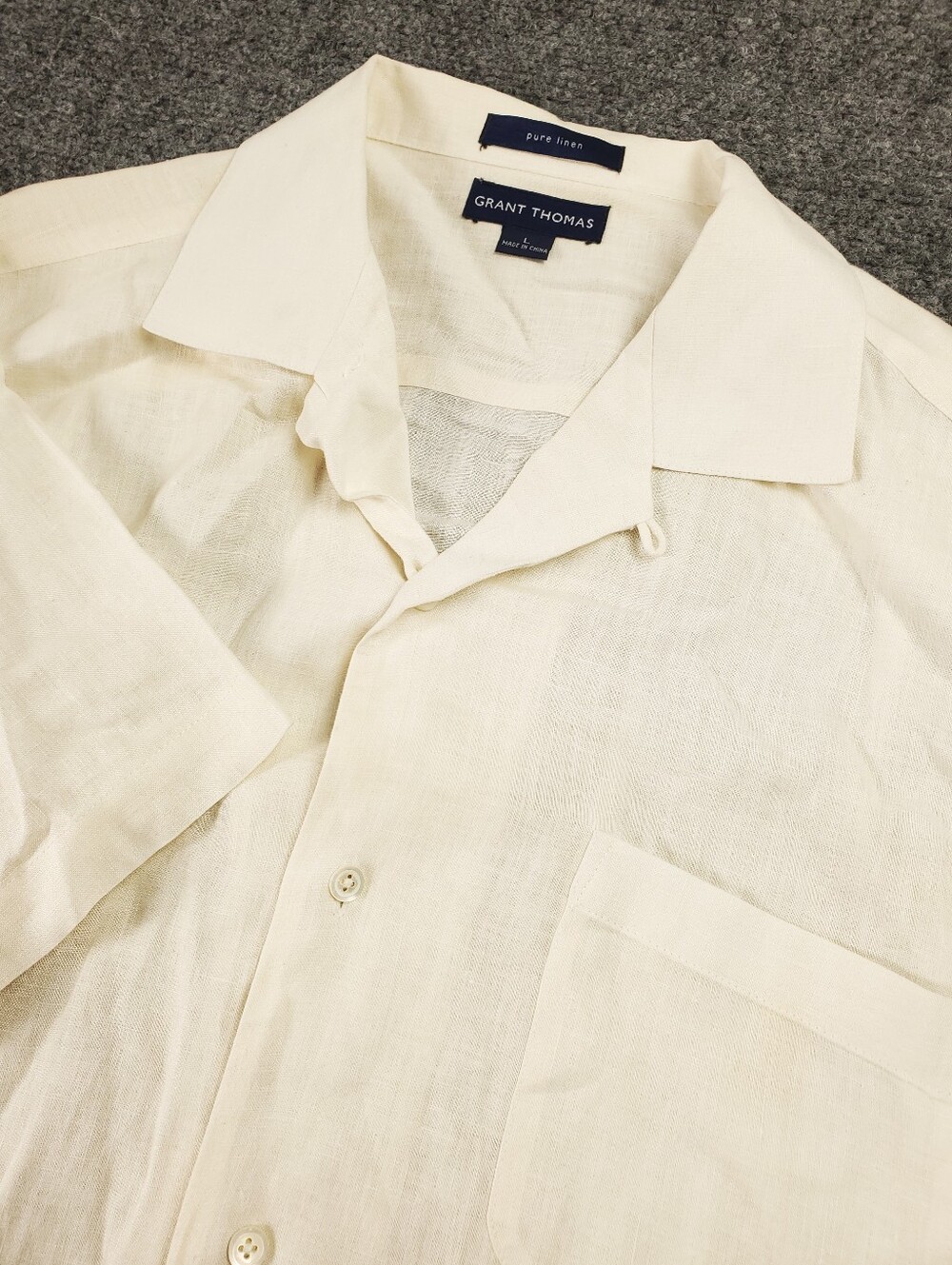 Grant Thomas 100% Linen Camp Shirt Large Cream Short Sleeve Button Up Resort